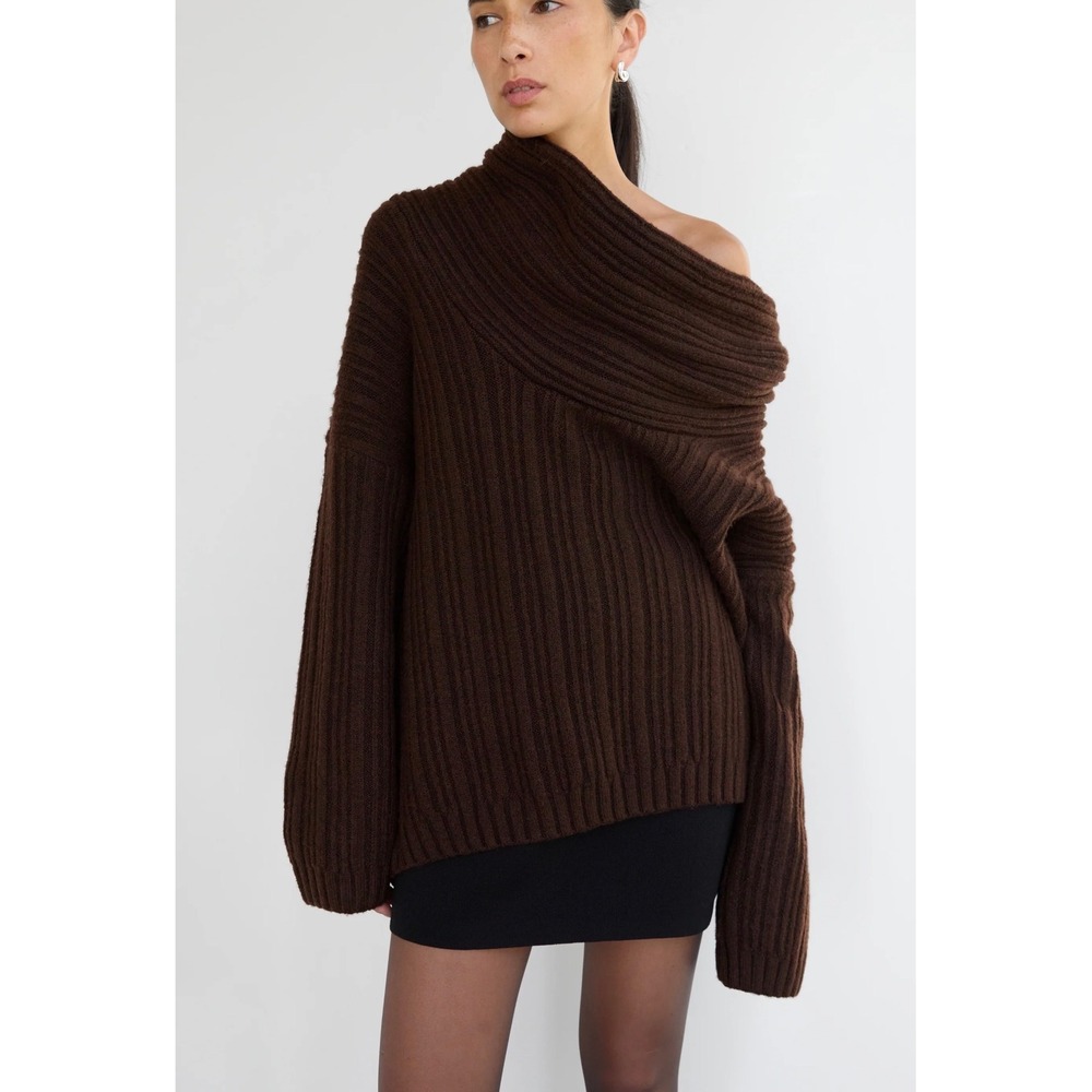 Oak + Fort Bitter Chocolate Brown Ribbed Cowl Slouchy Off Shoulder Sweater Small